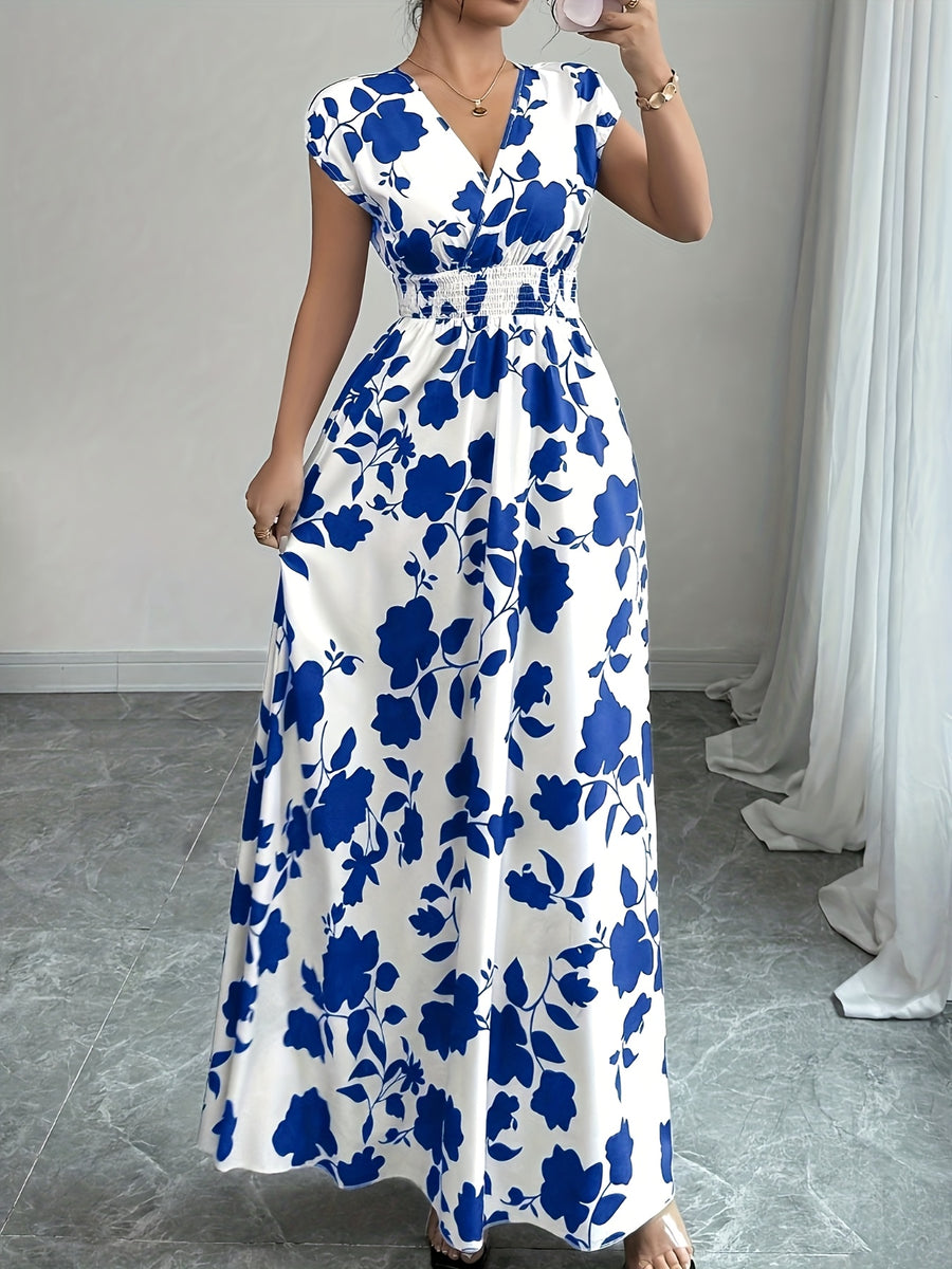 Elegant Pink Floral Maxi Dress with V-Neck and Short Sleeves - Flowing A-Line Silhouette, Cinched Waist, Perfect for Spring/Fall, Casual to Formal Wear, Casual Elegant Wear | Floral Print Dress | Cinched Waist Design - Blue And White