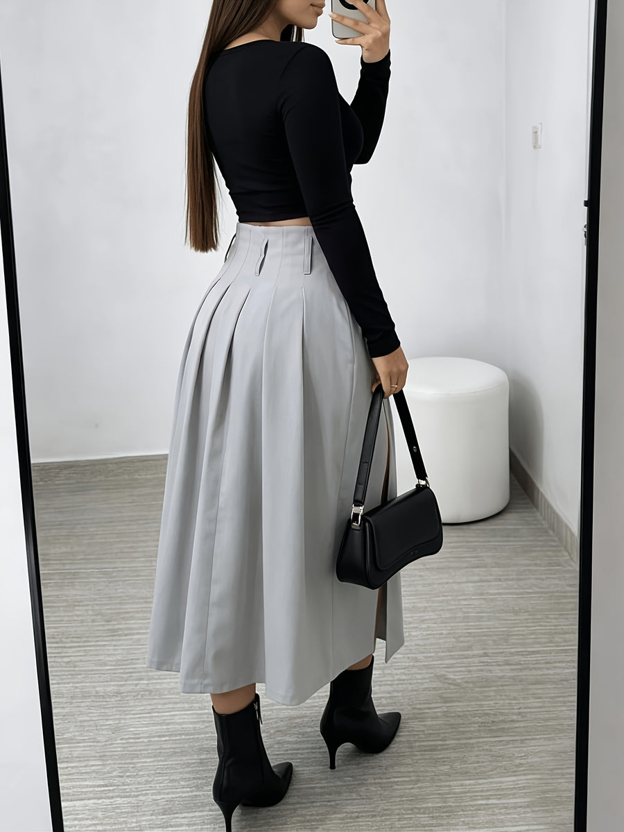 Spring and Autumn Women's High-Waist Pleated Skirt, Waist-Cinching Spicy Style, Versatile,, and Elegant Midi Length - Grey