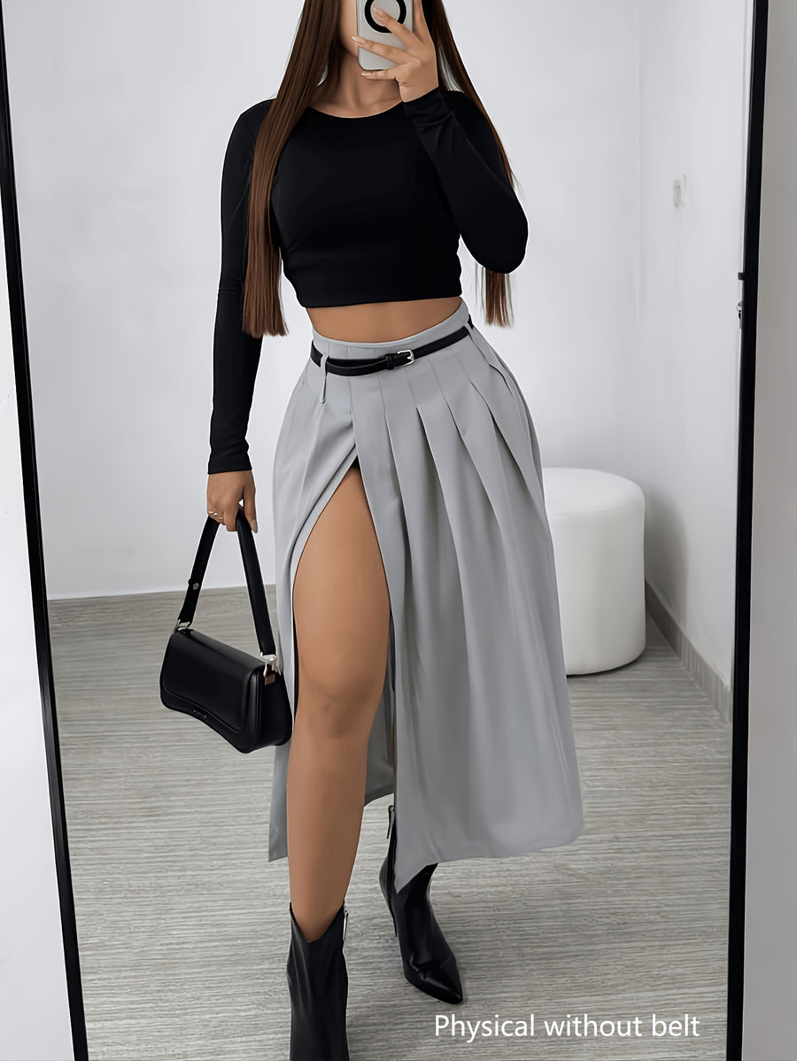 Spring and Autumn Women's High-Waist Pleated Skirt, Waist-Cinching Spicy Style, Versatile,, and Elegant Midi Length - Grey