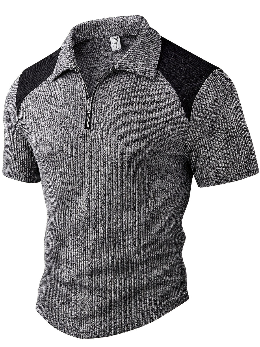 Men'S Fashion Top for Spring And Summer, Made from Textured Ribbed Fabric Suitable for Outdoor Leisure, Featuring a Color-Blocked Collar And Zipper Design, Short-Sleeved Polo Shirt - Dark Gray