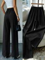 Women'S Casual Warm Straight-Leg Trousers, Adorned with a Golden Mythical Pegasus Emblem Print, High-Waist Drawstring Casual Autumn And Winter Pants - Black
