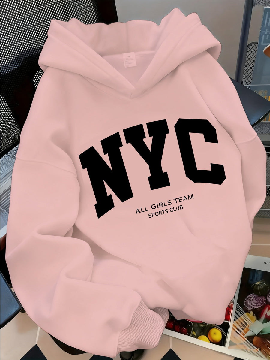 Trendy Letter Women'S Casual Hooded Sweatshirt with Front Print - Machine Washable, All-Season Versatile Pullover, Fashionable And Trendy, Durable Material, Comfortable Fabric, Printed Sweatshirt, Casual Wear, Urban Style, Fashion Enthusiast - Pale Pinkish Gray
