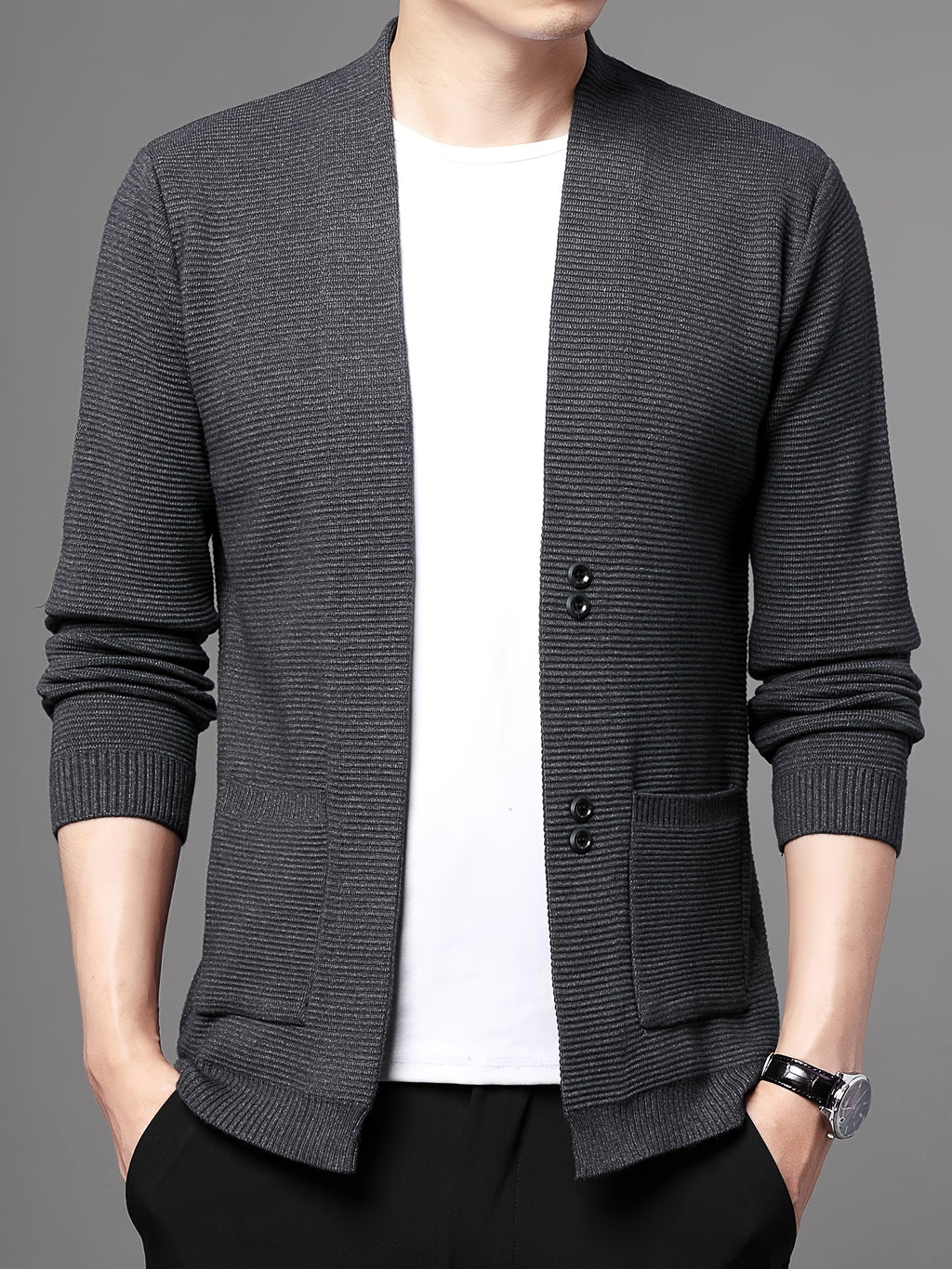 [Wading Whale OBM] Spring/Summer New Men'S Knit Cardigan, Old Money Style Solid Color V-Neck Long Sleeve Open Front Sweater Jacket with Single Button Closure And Side Pockets, Suitable for Spring And Autumn Layering Or Outerwear - Dark Gray