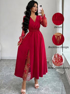 Elegant Women's Solid Color Patchwork Mesh Long Sleeve Dress - Red