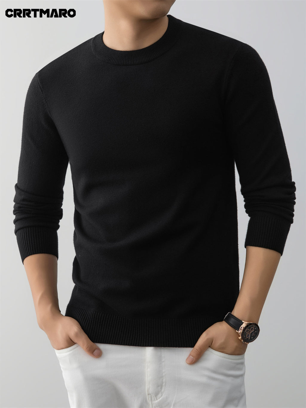 Men's Crew Neck Pullover Sweater, Warm Casual Layering Top for Fall and Winter - Black