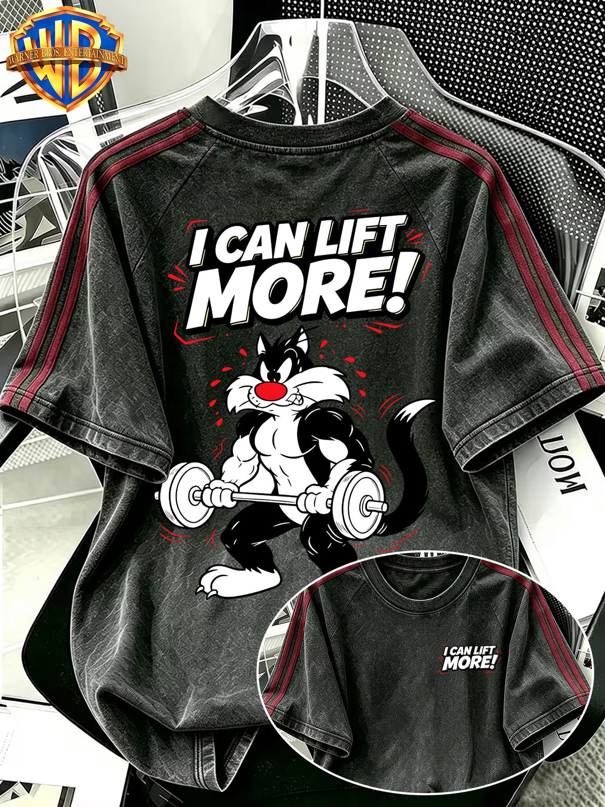Warner Official Authorization, American Retro Men's Washed Short T-shirt, Silly Cat Vigorously Lifting Barbell, Fitness Hot Blooded Cartoon Print Pattern, Side Contrasting Stripes, Comfortable and Breathable, Suitable for Daily Commuting in Summer - Black