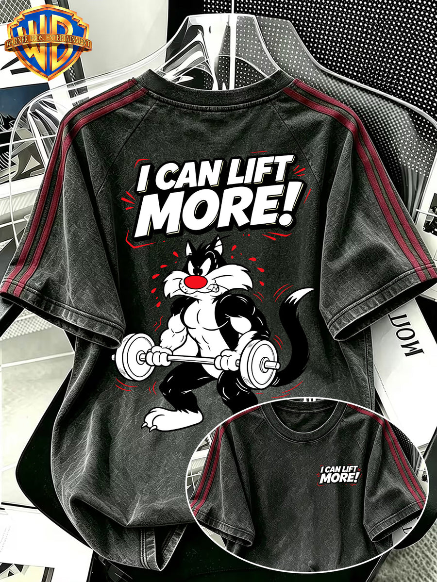 Warner Official Authorization, American Retro Men's Washed Short T-shirt, Silly Cat Vigorously Lifting Barbell, Fitness Hot Blooded Cartoon Print Pattern, Side Contrasting Stripes, Comfortable and Breathable, Suitable for Daily Commuting in Summer - Black
