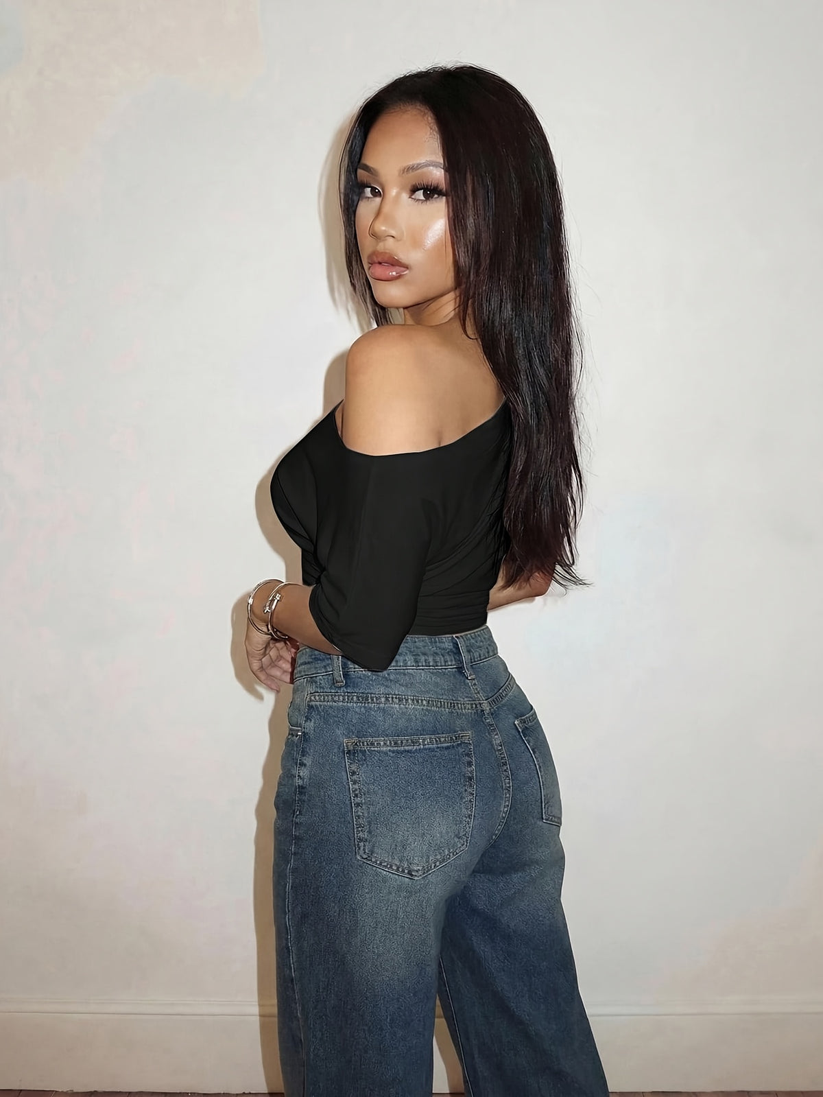 Spring Summer Vacation Beach Elegant Romantic Sexy Party Date Birthday Party Casual Elegant Off-Shoulder Loose Waist Pleated Solid Color T-Shirt Top - Black