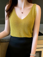 Women's Camisole Tank Top with Korean-Style Sexy Outerwear, Shiny V-Neck Bodycon Top - Yellow