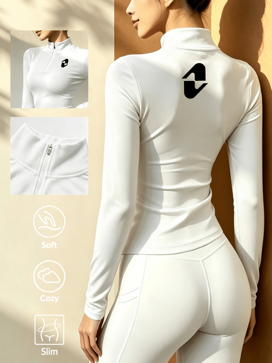 Women'S Solid Color Half-Zipper Long Sleeve Top, Waist-Cinching Warm T-Shirt - White