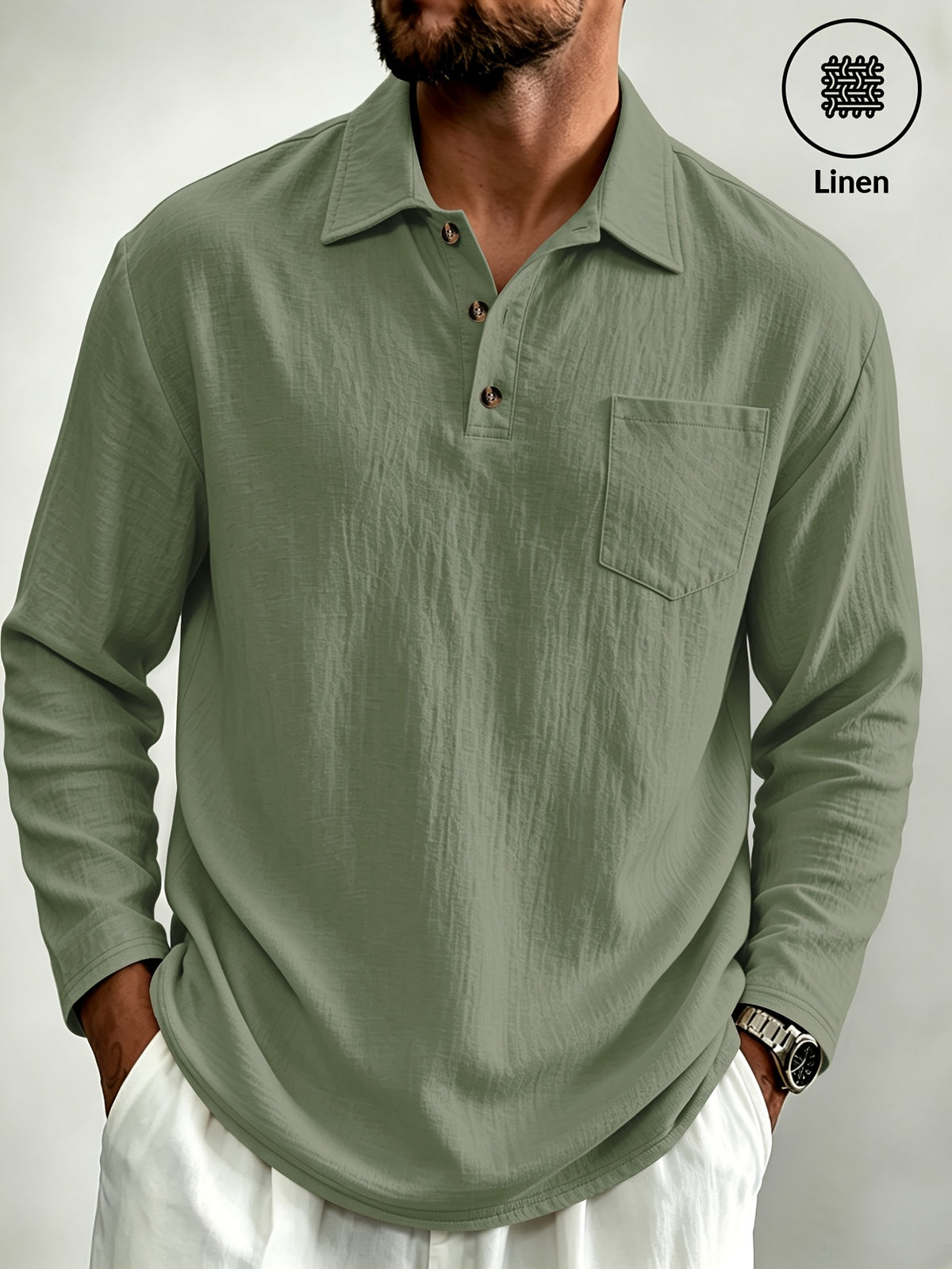 Men's Linen Long-Sleeve Polo ShirtTurn- Collar Three-Button Top with Chest Pocket, Loose Casual Daily T-Shirt - Military Green