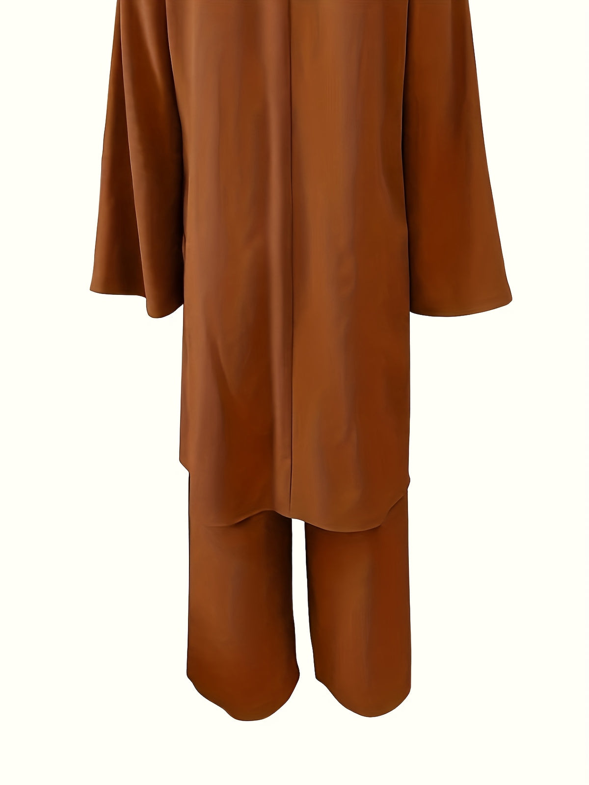 720# Solid Color Spring And Summer Muslim Two-Piece Outfit, Round Neck Sequin Long-Sleeve Top And Loose-Fit Trousers Casual Ensemble - Rust