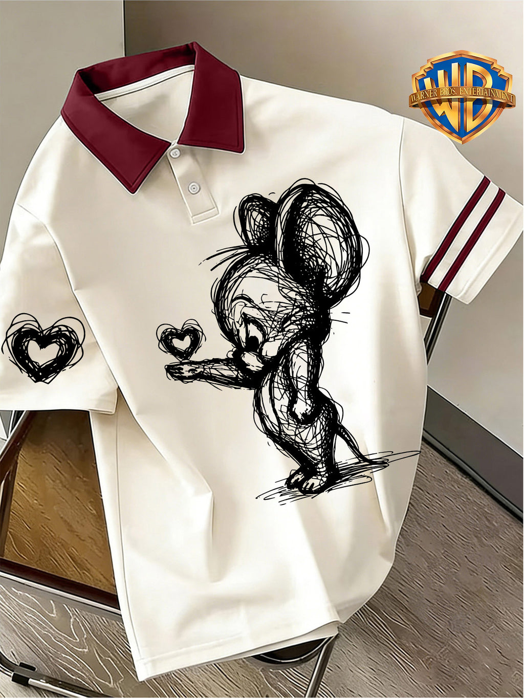 Back-to-School Warner Bros. Official "Bixin" Cartoon Cute Print Men's Summer Loose Lapel Japanese-Style Polo Short-Sleeve T-Shirt, Comfortable, Breathable, and Slightly Stretchy - Red