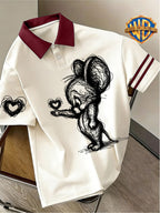 Back-to-School Warner Bros. Official "Bixin" Cartoon Cute Print Men's Summer Loose Lapel Japanese-Style Polo Short-Sleeve T-Shirt, Comfortable, Breathable, and Slightly Stretchy - Red