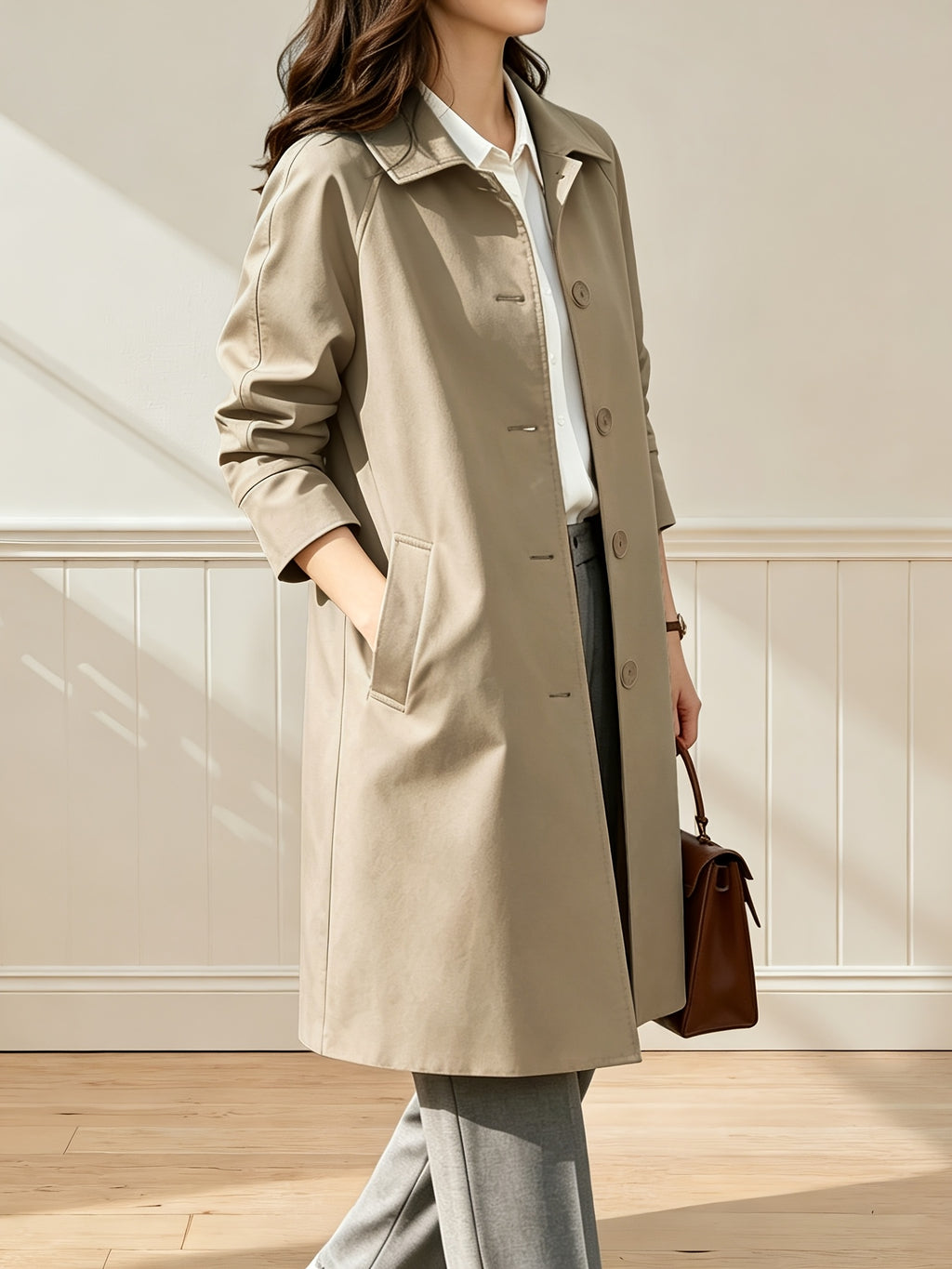 Women'S British Style Mid-Length Trench Coat, Easy And Atmospheric Commuter Temperament Style Jacket, Non-Picky Body Farewell to Passerby Look, Unlined Fabric Style - Apricot