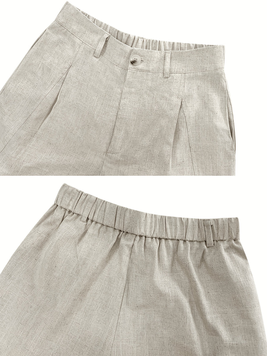 Natural Linen Suit Shorts for Women, High-Waisted Pleated Semi-Elastic Waist, Loose A-Line Wide-Leg Casual Five-Quarter Linen Pants ASD1 - Hemp True Color