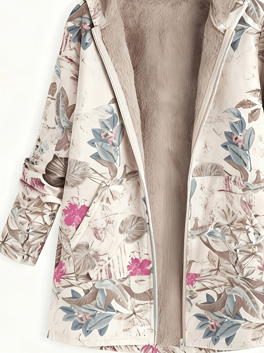 Women's New Autumn/Winter Hooded Mid-Length Printed -Lined Jacket, Fashionable, Elegant, Versatile, Warm, with Pockets, Cardigan Style - Multicolor