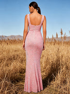 Light Blue Sequined Square Neck Mermaid Evening Gown, High Slit Design, Formal Prom Wedding Guest Dress, Slit Sequined Dress Light Blue - Pink