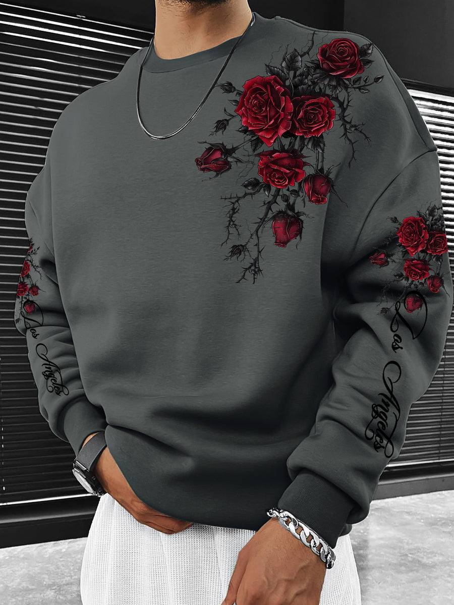 Men's Crew Neck Sweatshirt, Casual Rose with Thorns, New Autumn/Winter Men's Apparel - Grey
