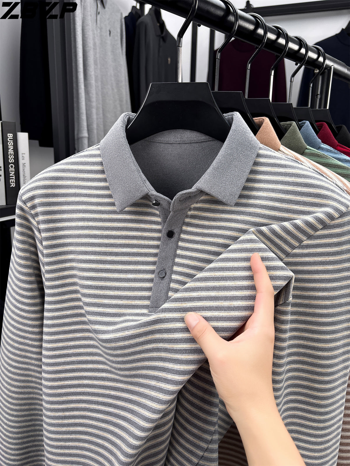 ZBZP Spring Autumn New Men'S Long Sleeve Polo Shirt Lapel Pullover Shirt Easy Business Casual High-End Breathable Long Sleeve T-Shirt Men'S Wear YF - Grey