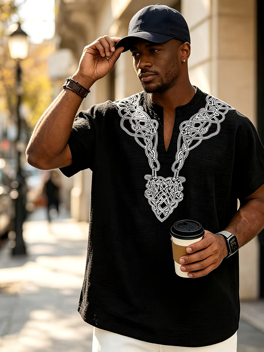 2026 New American Summer Men'S Lightweight Bamboo Rayon Rayon Braid Loose Rune Print V-Neck Casual Short Sleeve - Black