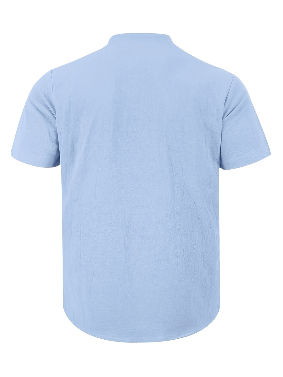 3pcs Set Men's All-cotton Polo Shirt, Men's Solid Color Loose-fit Casual -textured Workwear V-neck Pocket Henley Shirt with Short Sleeves, Suitable for the Beach, Casual Daily Wear, Commuting, Etc. - Blue White Khaki
