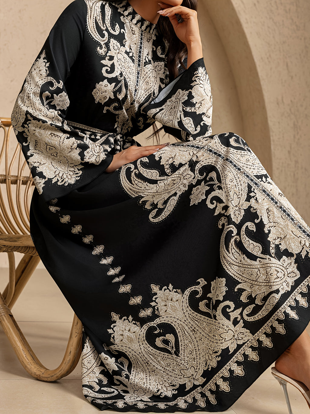 Evening Temperament Printed Dress for Women, Summer Tie-Up Bow Long Dress, for Wedding Guests - Black