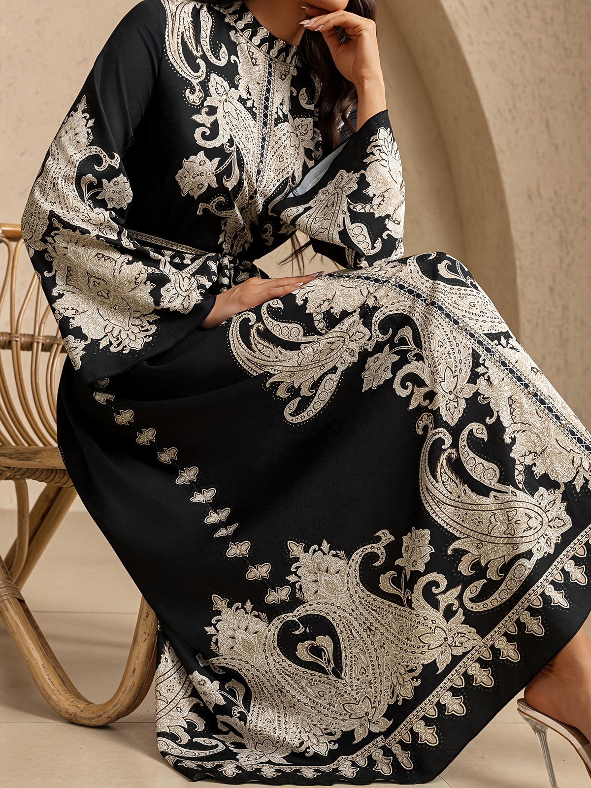 Evening Temperament Printed Dress for Women, Summer Tie-Up Bow Long Dress, for Wedding Guests - Black