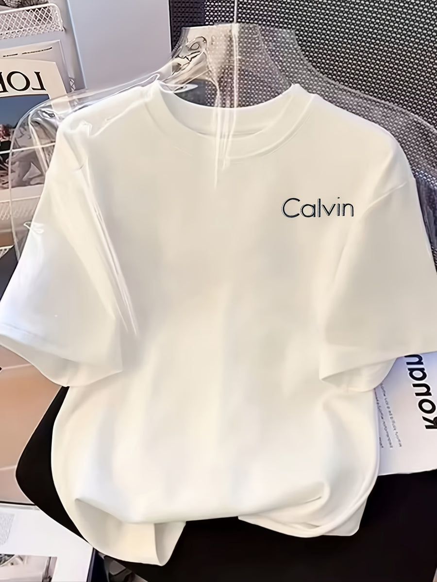 Plus Size, Plus Size Summer New Arrival Minimalist Style White T-Shirt with Calvin Letter Print, Loose Fit, Figure-Flattering, Round Neck, Short Sleeve Top - White