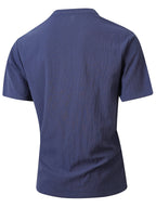 Summer Men'S Casual T-Shirt Linen Henley Collar Double-Button Men'S Short Sleeve Small V-Neck Men'S Casual Breathable Top Solid Color Breathable Commuter Casual Short Sleeve Top - Navy Color