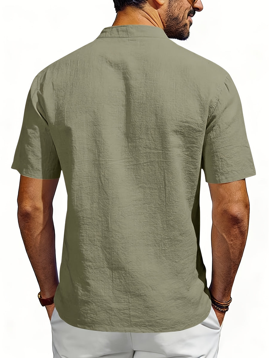 Men's Outdoor Travel Business Simple and Stylish Solid Color V-Neck Half-Open Placket Summer Breathable Comfortable Casual Short-Sleeve Henley Collar T-Shirt - Military Green