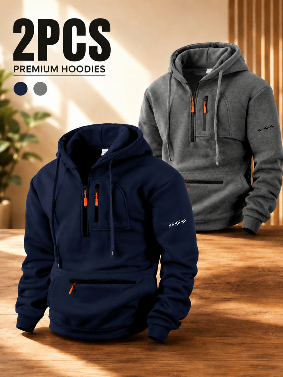 Men'S Hoodie with Multi-Zipper Pockets, Minimalist Graphic Print Casual Style Autumn Winter Wear 2pcs Set - Navy Blue+Dark Grey