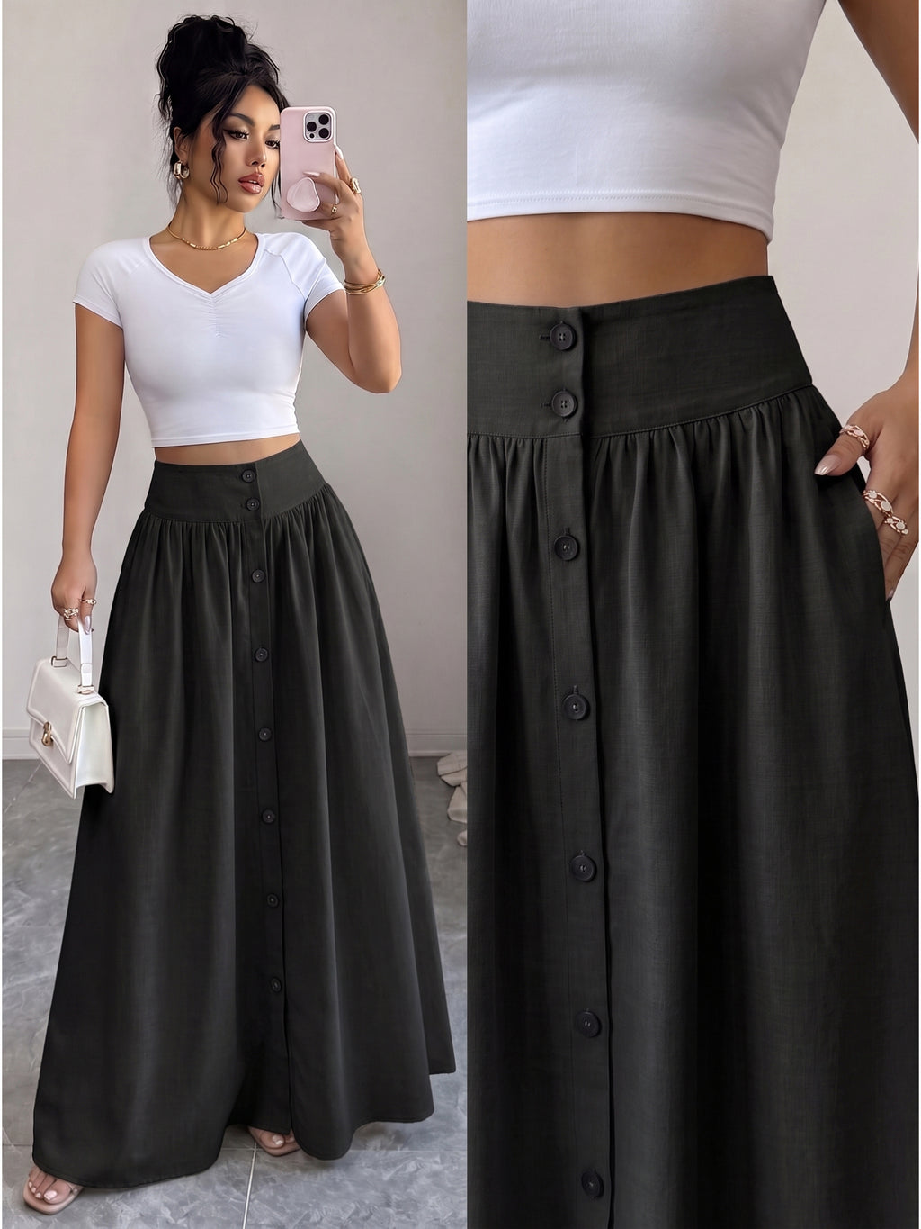 Women'S Button-Long Skirt, Fashionable Versatile Vacation Office Christmas Date Spring Autumn New - Black