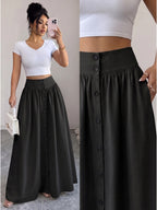 Women'S Button-Long Skirt, Fashionable Versatile Vacation Office Christmas Date Spring Autumn New - Black