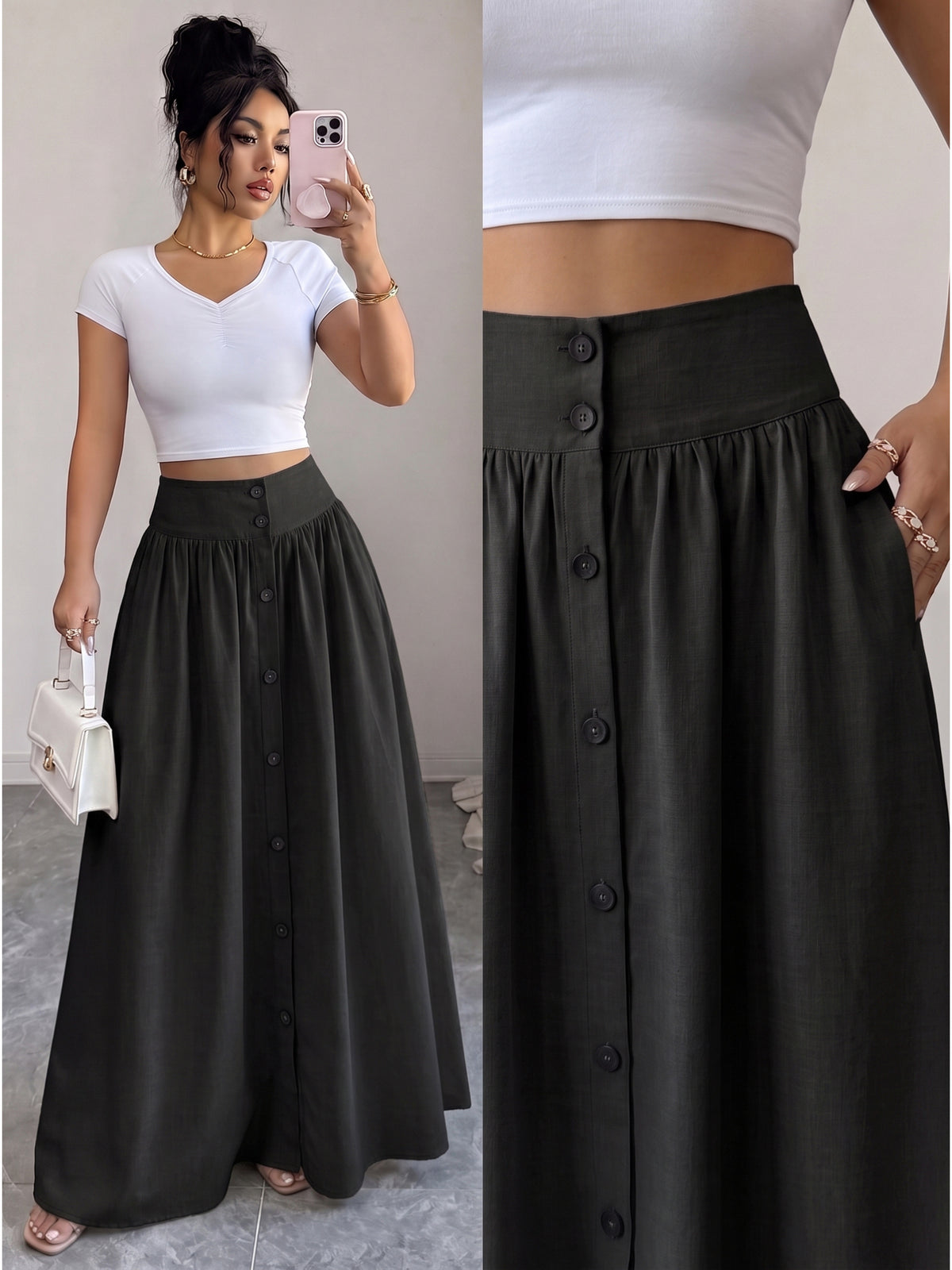 Women'S Button-Long Skirt, Fashionable Versatile Vacation Office Christmas Date Spring Autumn New - Black