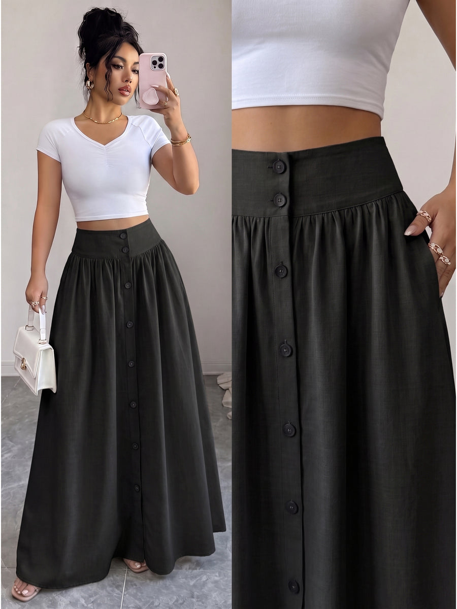 Women'S Button-Long Skirt, Fashionable Versatile Vacation Office Christmas Date Spring Autumn New - Black