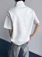 Men's Plaid Patchwork Lapel Half-Zip Short-Sleeve T-Shirt, Summer Loose Fit Casual Premium Polo Shirt - White
