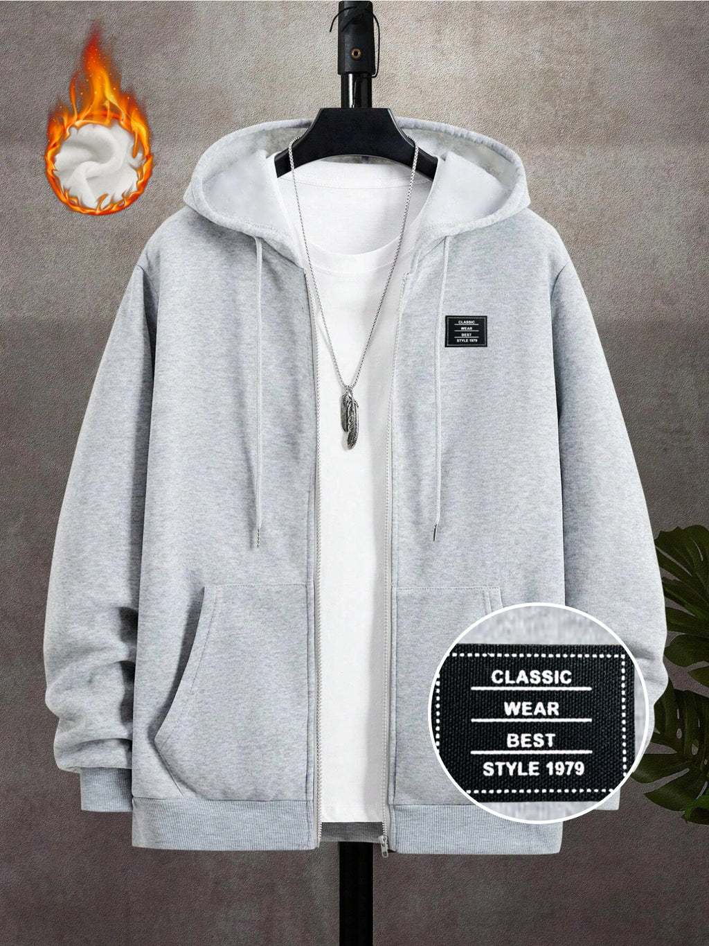 95% Polyester 5% Spandex, Men's Casual Pocket Zipper Drawstring Hooded Sweatshirt, Chest Placement Patch Embroidery, 240g Global All-Season Base Layer, Factory-Made for Men's Comfort, High Quality, High Fit Rate, Casual Sportswear - Light Grey