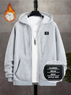 95% Polyester 5% Spandex, Men's Casual Pocket Zipper Drawstring Hooded Sweatshirt, Chest Placement Patch Embroidery, 240g Global All-Season Base Layer, Factory-Made for Men's Comfort, High Quality, High Fit Rate, Casual Sportswear - Light Grey