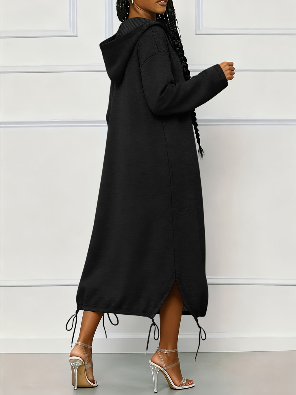 Stylish Gray Hooded Long Sweatshirt Cardigan, Loose And Casual Style Jacket for Women - Black