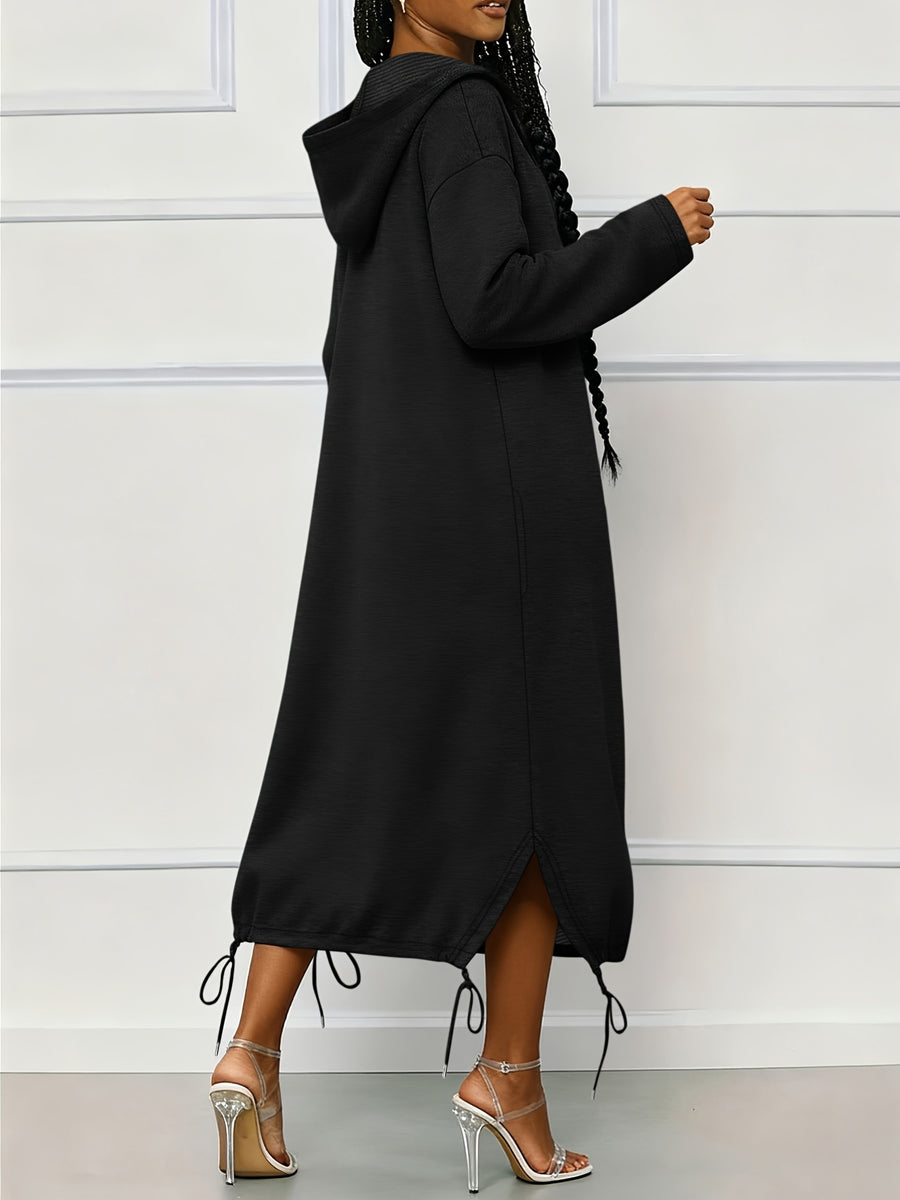 Stylish Gray Hooded Long Sweatshirt Cardigan, Loose And Casual Style Jacket for Women - Black