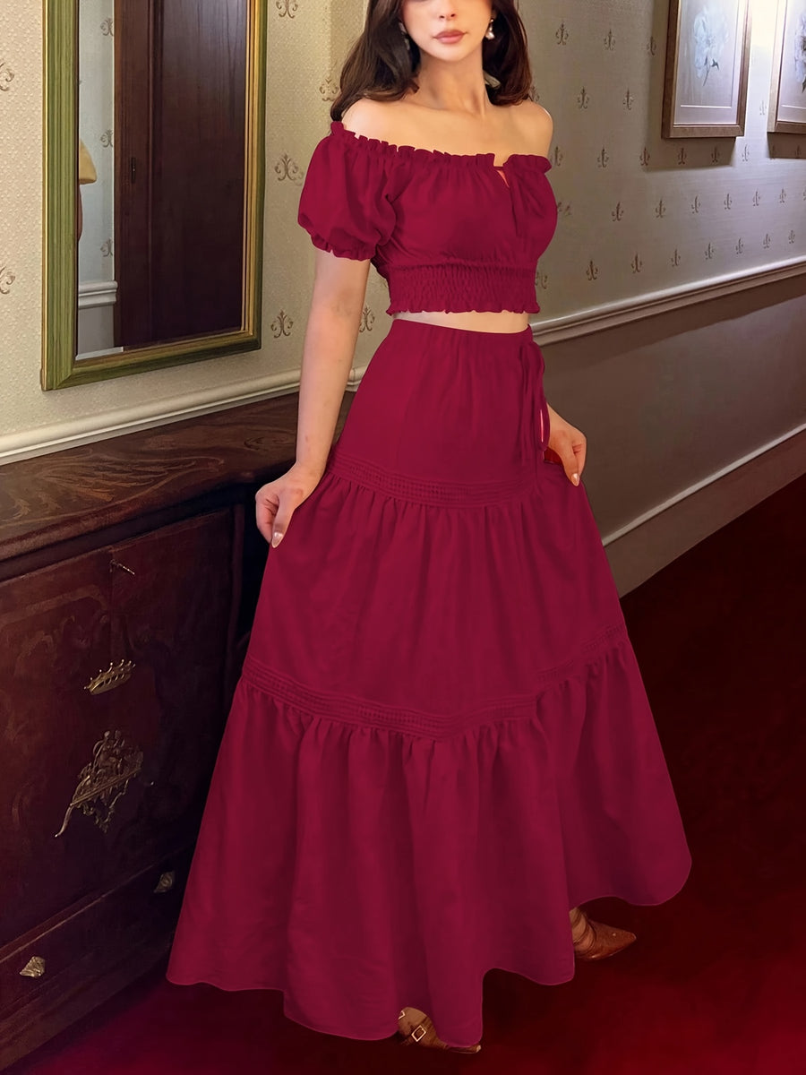 New Women's Fashionable Simple and Elegant Casual Daily Outfit, Suitable for Outings, Solid Color Off-the-Shoulder Short Sleeve Top with Bow Tie Lacing and Flared Hem Skirt 2pcs Set - Burgundy
