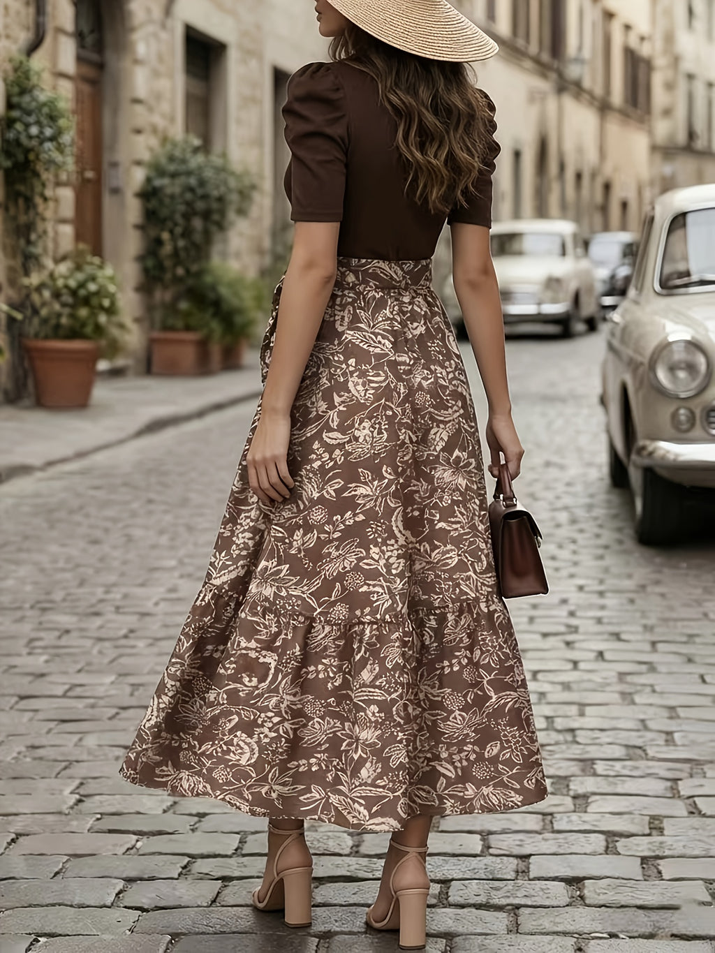 Elegant Printed Long Dress with Puff Sleeves And Layered Hem Patchwork Design, Includes Belt - Brown