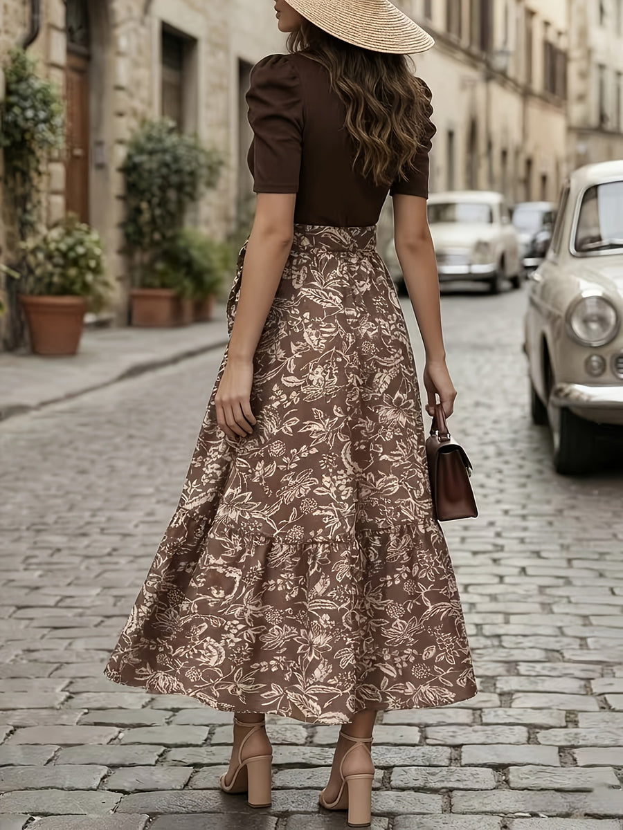 Elegant Printed Long Dress with Puff Sleeves And Layered Hem Patchwork Design, Includes Belt - Brown