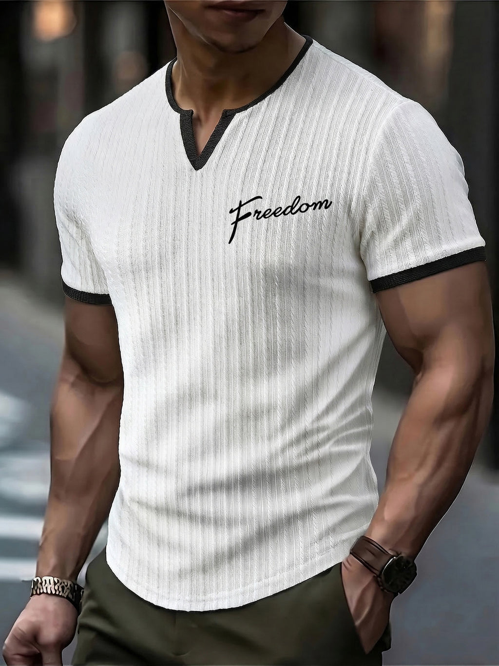 Men's Fashion Top, Spring/Summer Outdoor Casual Textured Jacquard Fabric, Contrast Color V-Neck Letter Print Men's Henley Shirt - White