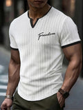 Men's Fashion Top, Spring/Summer Outdoor Casual Textured Jacquard Fabric, Contrast Color V-Neck Letter Print Men's Henley Shirt - White