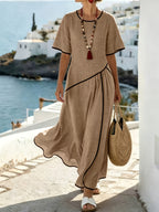 Women'S Solid Color Short Sleeve Casual Dress - Khaki