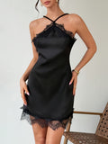 A Black Satin Body-hugging Mini Dress with Contrasting Lace Trim, Perfect for Elegant Dates, Music Festivals, Parties, Graduation Ceremonies, Holidays, Weddings, and Birthdays - Black