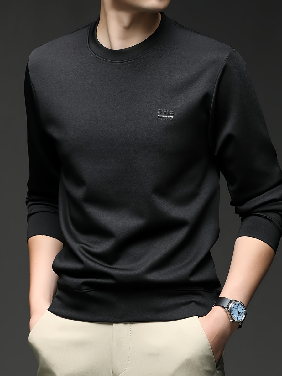 [Saa Xing OBM] 1pc Spring/Autumn New Men'S Sweatshirt, Solid Color Round Neck Long Sleeve Men'S Business Casual Fashion Breathable All-Match Pullover Base Layer Top, Suitable for Spring And Autumn, Single Wear Or Inner Layer, Fits Daily And Casual - Black