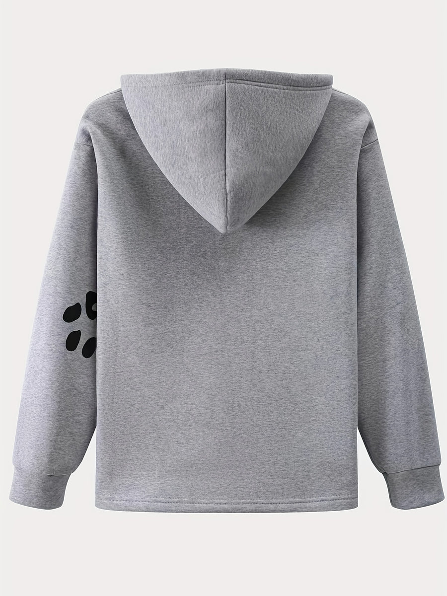 New Women'S Sweater Animal Head Printed Hooded Loose Fit Sweater - Grey